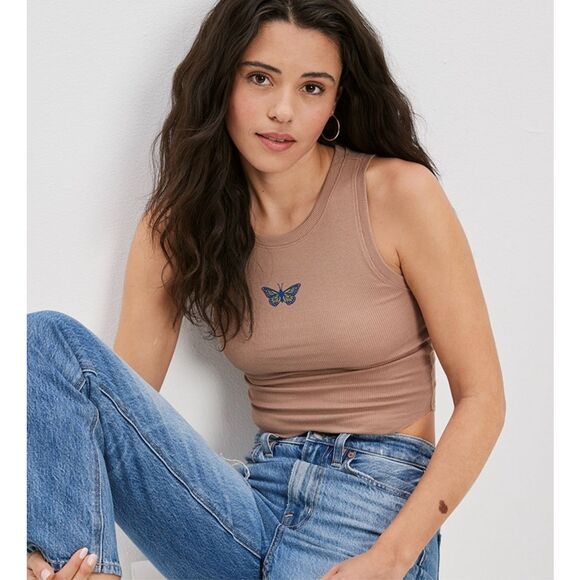 Womens American Eagle Daily Fave Butterfly Ribbed Cropped Tank Top - Sz S - Picture 1 of 2